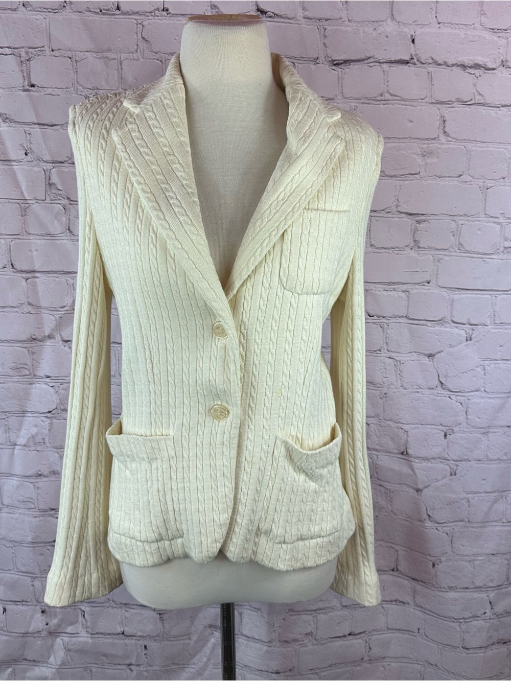 vtg Worthington Ivory Cable Knit Blazer sweater cardigan women M cotton wool